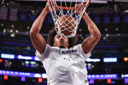 Dec 1, 2024; New York, New York, USA;  New York Knicks center Jericho Sims (20) warms up prior to the game against the New Orleans Pelicans at Madison Square Garden. Mandatory Credit: Wendell Cruz-Imagn Images