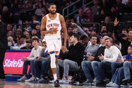 Dec 1, 2024; New York, New York, USA;  New York Knicks forward Mikal Bridges (25) celebrates after scoring in the fourth quarter against the New Orleans Pelicans at Madison Square Garden. Mandatory Credit: Wendell Cruz-Imagn Images