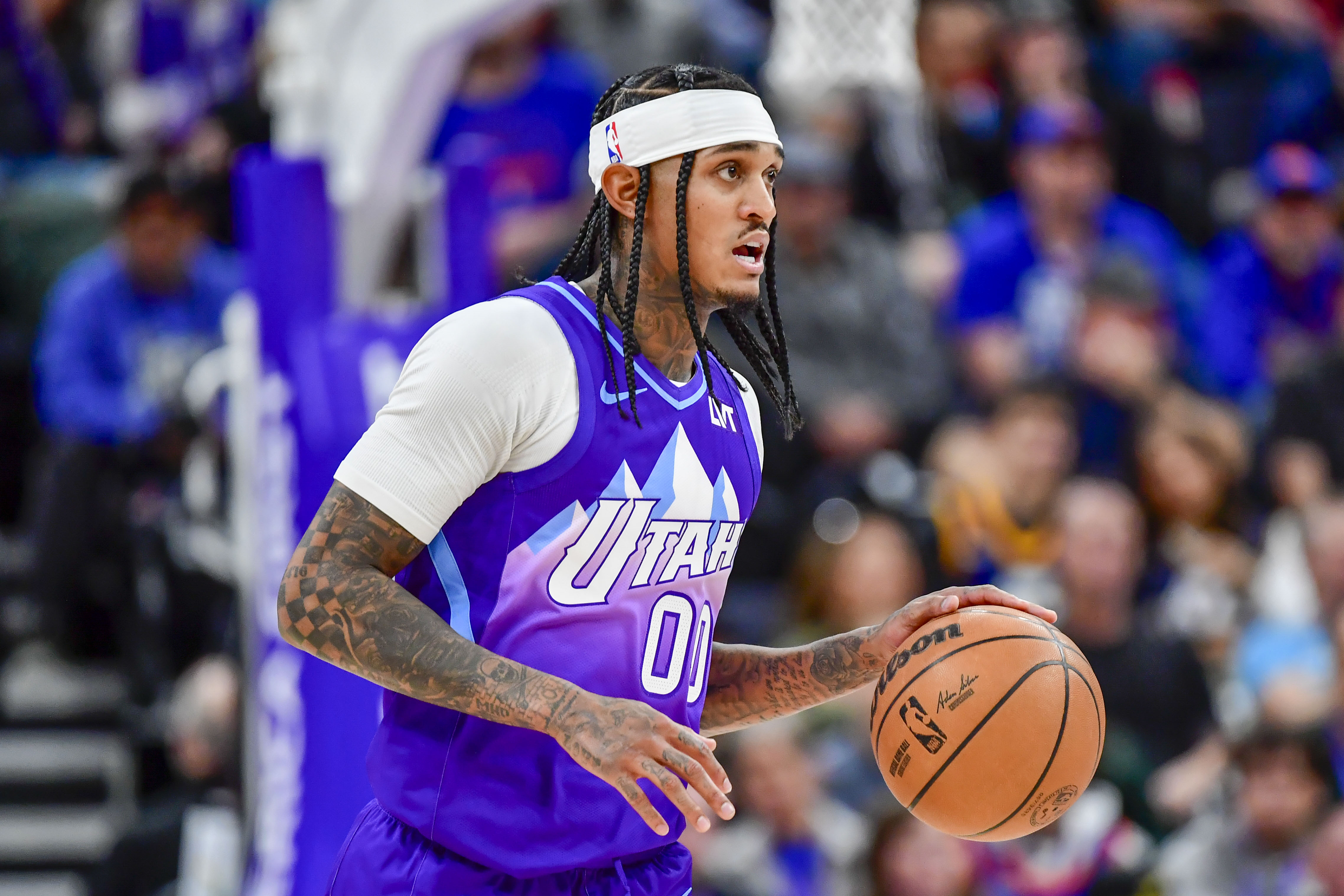 Nov 23, 2024; Salt Lake City, Utah, USA; Utah Jazz guard Jordan Clarkson (00) dribbles the ball downcourt against the New York Knicks during the second half at the Delta Center. Mandatory Credit: Christopher Creveling-Imagn Images