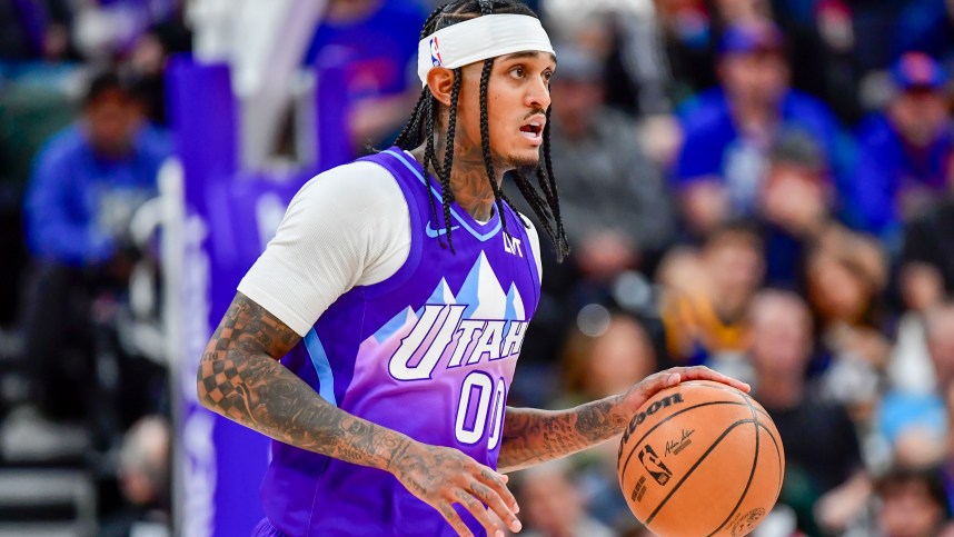 Nov 23, 2024; Salt Lake City, Utah, USA; Utah Jazz guard Jordan Clarkson (00) dribbles the ball downcourt against the New York Knicks during the second half at the Delta Center. Mandatory Credit: Christopher Creveling-Imagn Images