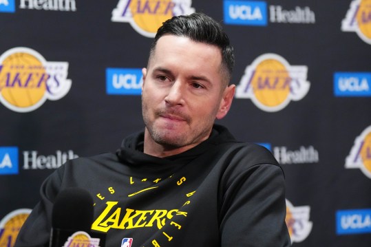 Nov 29, 2024; Los Angeles, California, USA; Los Angeles Lakers coach J.J. Redick at a press conference at Crypto.com Arena. Mandatory Credit: Kirby Lee-Imagn Images