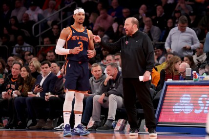 Dec 3, 2024; New York, New York, USA; New York Knicks head coach Tom Thibodeau talks to guard Josh Hart (3) during the third quarter against the Orlando Magic at Madison Square Garden. Mandatory Credit: Brad Penner-Imagn Images