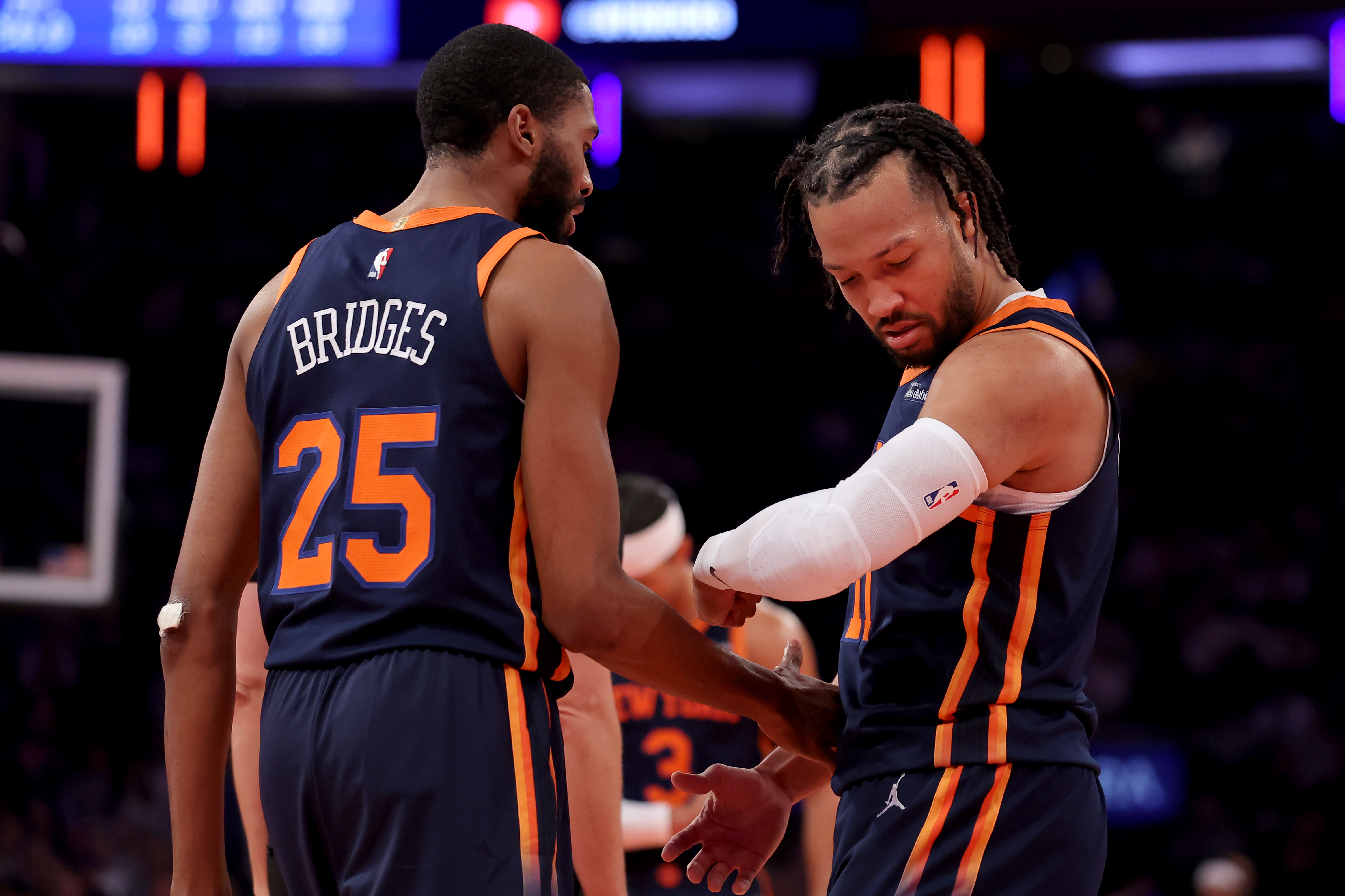 Dec 3, 2024; New York, New York, USA; New York Knicks guard Jalen Brunson (11) reacts after a basket and a foul during the third quarter against the Orlando Magic at Madison Square Garden. Mandatory Credit: Brad Penner-Imagn Images