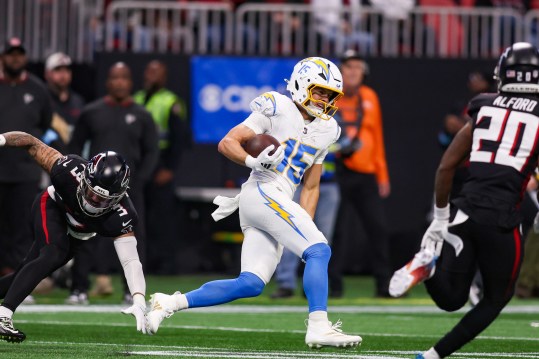 Dec 1, 2024; Atlanta, Georgia, USA; Los Angeles Chargers wide receiver Ladd McConkey (15) runs after a catch against the Atlanta Falcons in the first quarter at Mercedes-Benz Stadium. Mandatory Credit: Brett Davis-Imagn Images