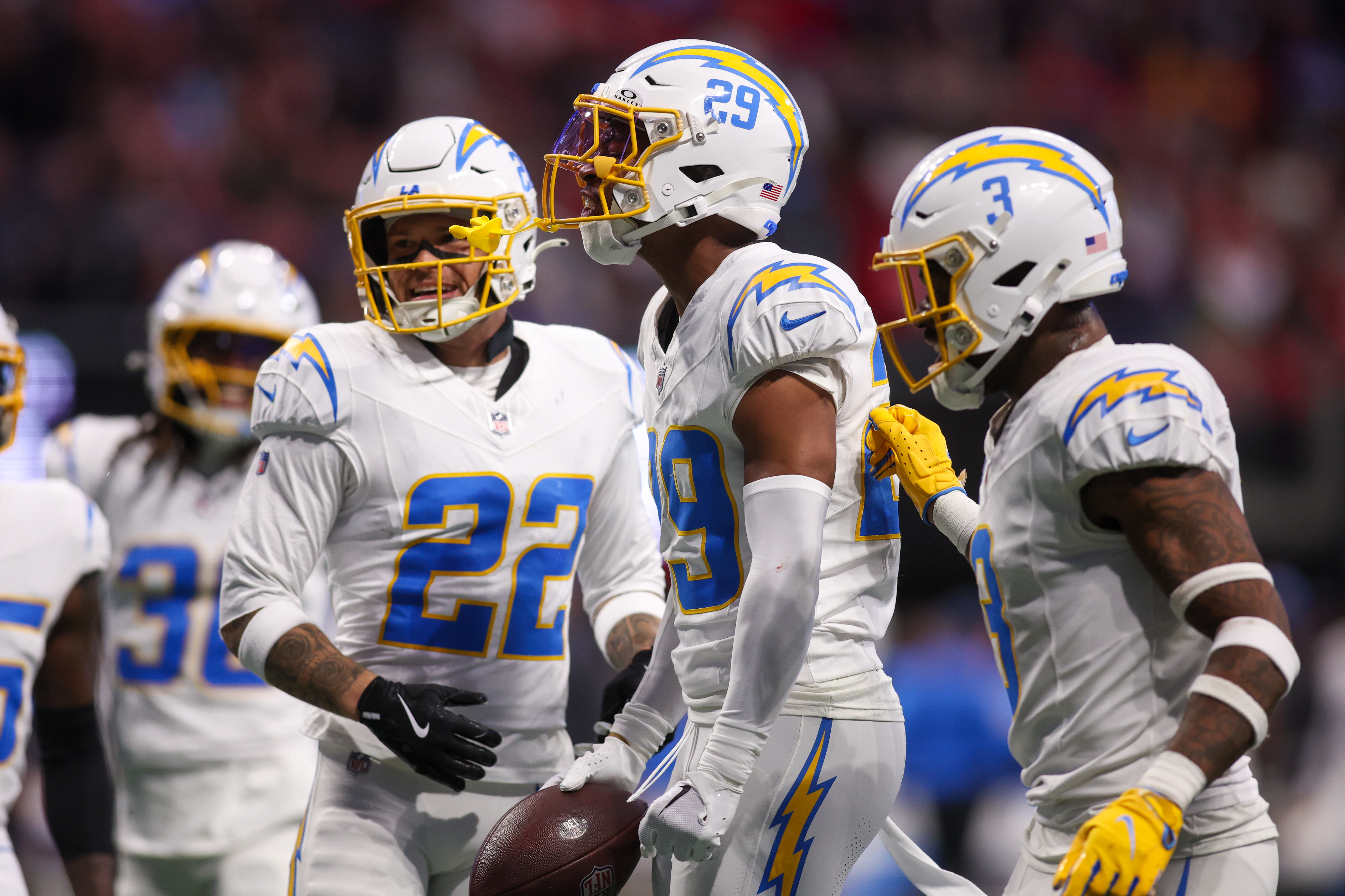 Dec 1, 2024; Atlanta, Georgia, USA; Los Angeles Chargers cornerback Tarheeb Still (29) reacts after an interception against the Atlanta Falcons in the second quarter at Mercedes-Benz Stadium. Mandatory Credit: Brett Davis-Imagn Images