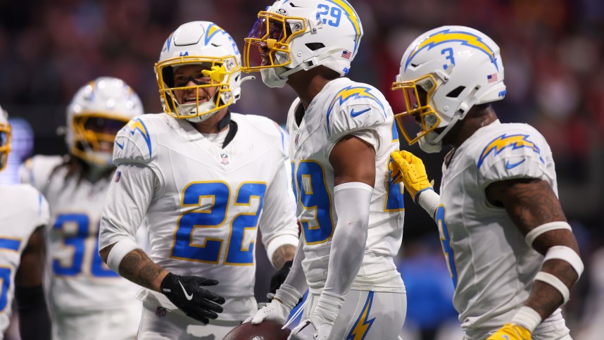 Dec 1, 2024; Atlanta, Georgia, USA; Los Angeles Chargers cornerback Tarheeb Still (29) reacts after an interception against the Atlanta Falcons in the second quarter at Mercedes-Benz Stadium. Mandatory Credit: Brett Davis-Imagn Images