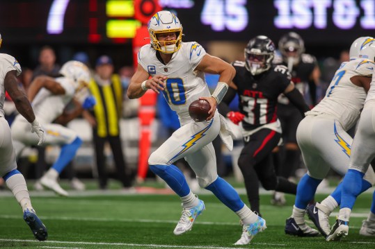 Dec 1, 2024; Atlanta, Georgia, USA; Los Angeles Chargers quarterback Justin Herbert (10) drops back to pass against the Atlanta Falcons in the second quarter at Mercedes-Benz Stadium. Mandatory Credit: Brett Davis-Imagn Images