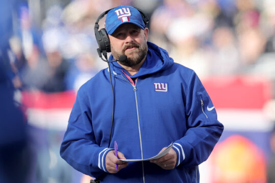 Dec 8, 2024; East Rutherford, New Jersey, USA; New York Giants head coach Brian Daboll coaches against the New Orleans Saints during the second quarter at MetLife Stadium. Mandatory Credit: Brad Penner-Imagn Images