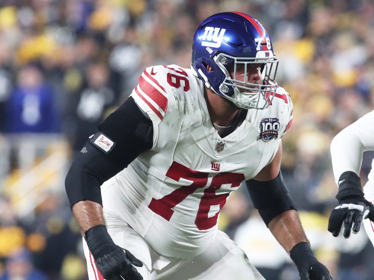 Oct 28, 2024; Pittsburgh, Pennsylvania, USA;  New York Giants guard Jon Runyan (76) blocks at the line of scrimmage against  the Pittsburgh Steelers during the second quarter at Acrisure Stadium. Mandatory Credit: Charles LeClaire-Imagn Images