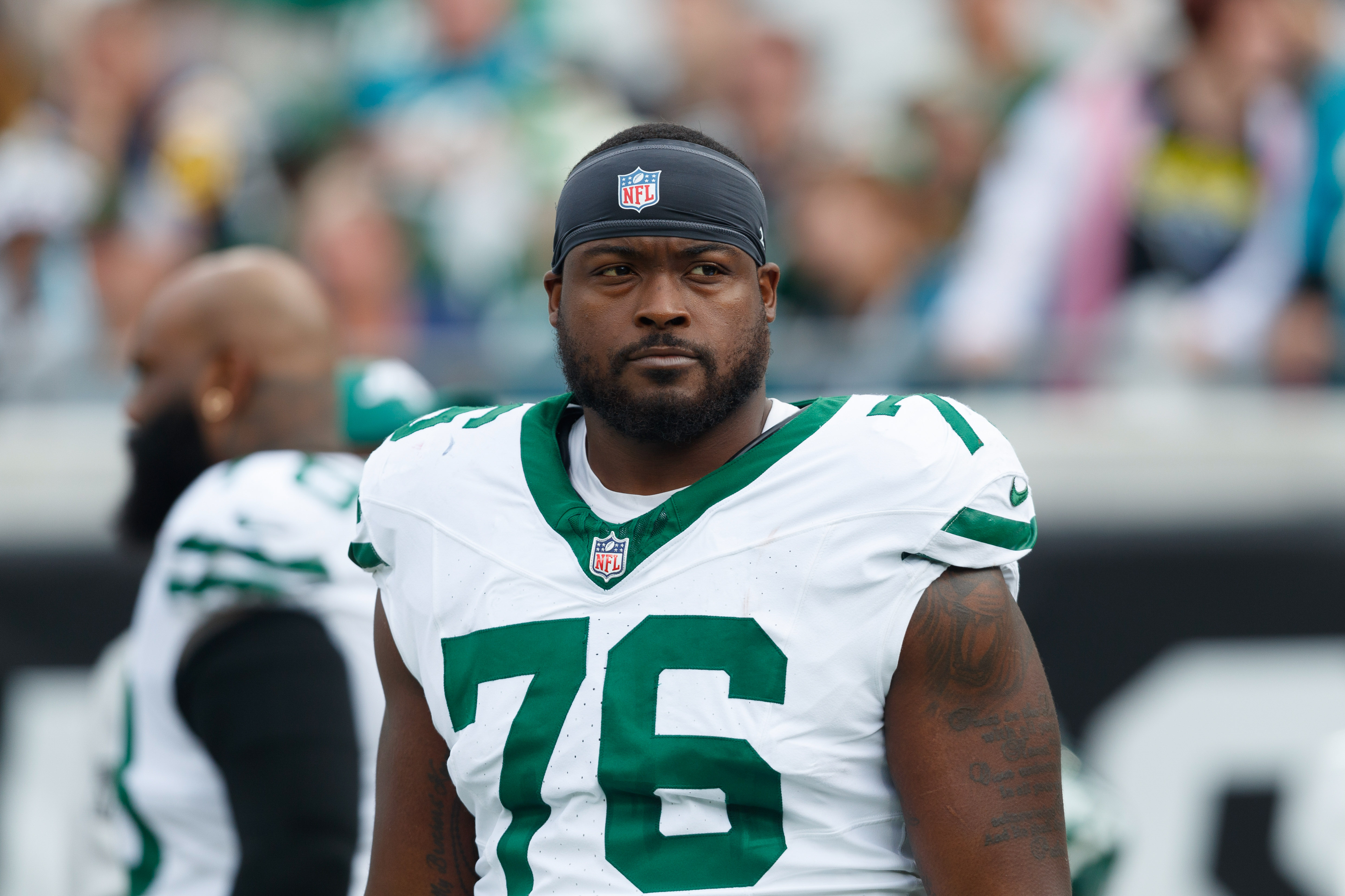 Dec 15, 2024; Jacksonville, Florida, USA; New York Jets offensive linebacker John Simpson (76) before the game against the Jacksonville Jaguars at EverBank Stadium. Mandatory Credit: Morgan Tencza-Imagn Images