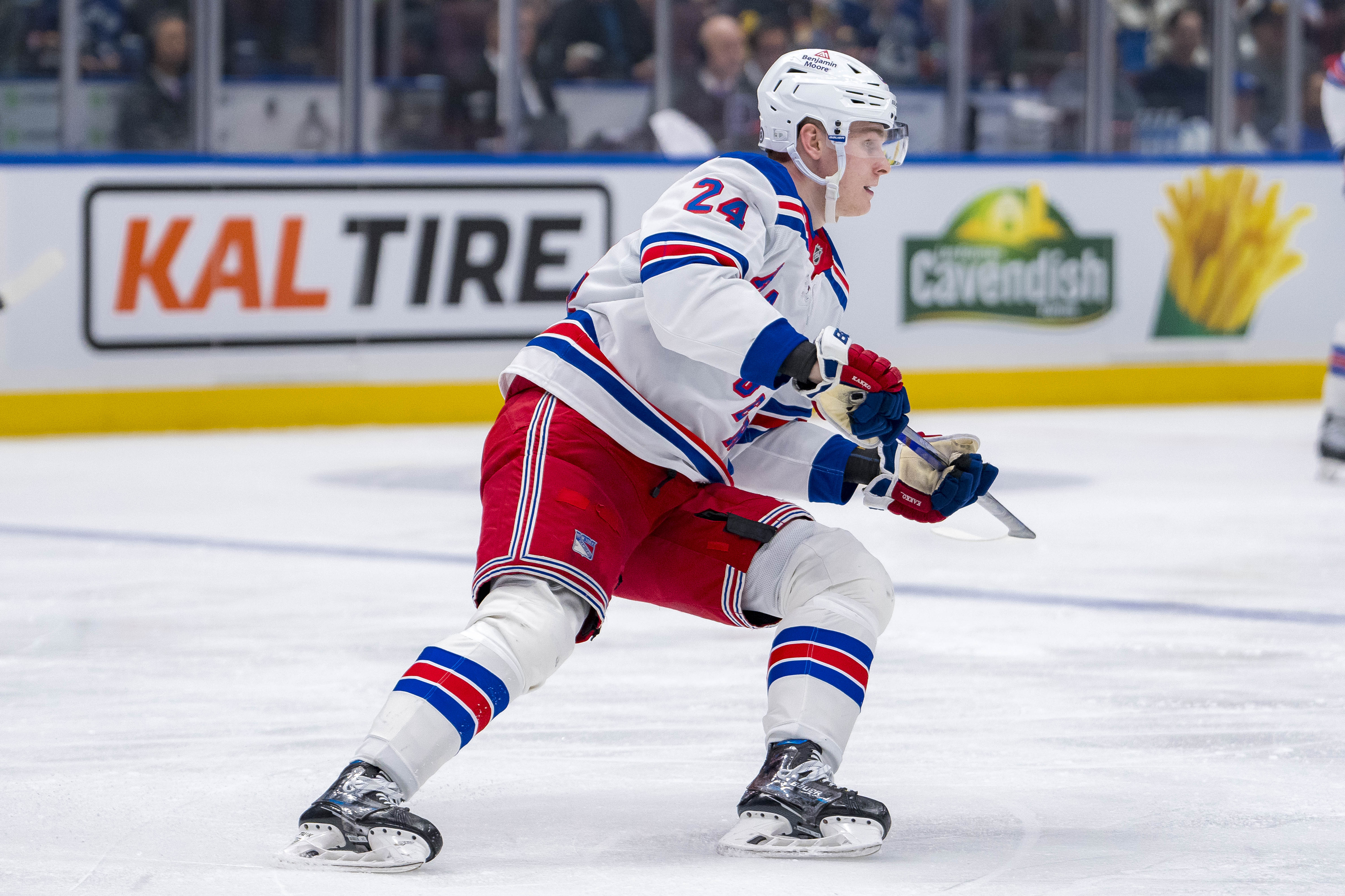 Nov 19, 2024; Vancouver, British Columbia, CAN; New York Rangers forward Kaapo Kakko (24) skates against the Vancouver Canucks during the third period at Rogers Arena. Mandatory Credit: Bob Frid-Imagn Images