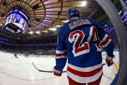 Dec 8, 2024; New York, New York, USA; New York Rangers right wing Kaapo Kakko (24) warms up before a game against the Seattle Kraken at Madison Square Garden. Mandatory Credit: Danny Wild-Imagn Images