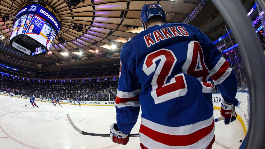 Dec 8, 2024; New York, New York, USA; New York Rangers right wing Kaapo Kakko (24) warms up before a game against the Seattle Kraken at Madison Square Garden. Mandatory Credit: Danny Wild-Imagn Images