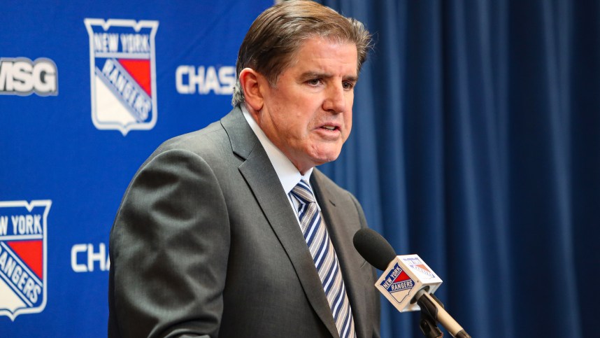 Nov 25, 2024; New York, New York, USA; New York Rangers head coach Peter Laviolette speaks to reporters after a 5-2 loss to the St. Louis Blues at Madison Square Garden. Mandatory Credit: Danny Wild-Imagn Images