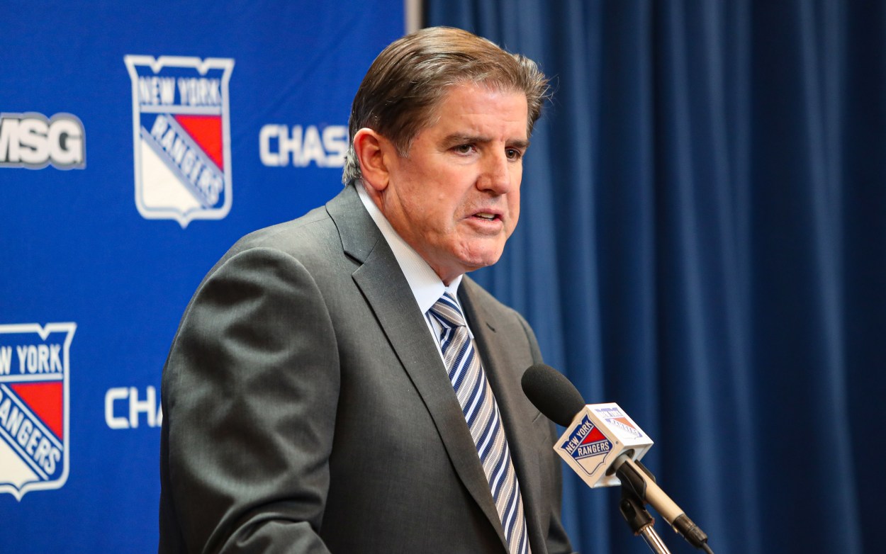 Nov 25, 2024; New York, New York, USA; New York Rangers head coach Peter Laviolette speaks to reporters after a 5-2 loss to the St. Louis Blues at Madison Square Garden. Mandatory Credit: Danny Wild-Imagn Images