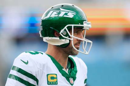 New York Jets quarterback Aaron Rodgers (8) looks on before an NFL football matchup Sunday, Dec. 15, 2024 at EverBank Stadium in Jacksonville, Fla. [Corey Perrine/Florida Times-Union]