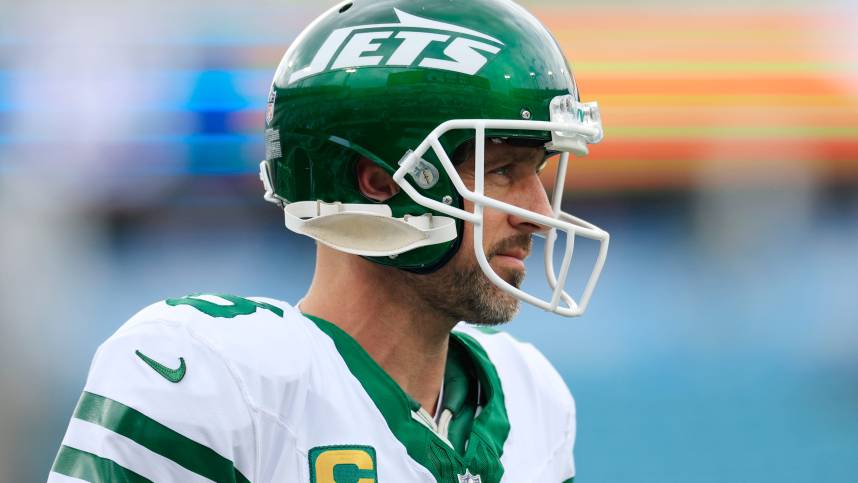 New York Jets quarterback Aaron Rodgers (8) looks on before an NFL football matchup Sunday, Dec. 15, 2024 at EverBank Stadium in Jacksonville, Fla. [Corey Perrine/Florida Times-Union]