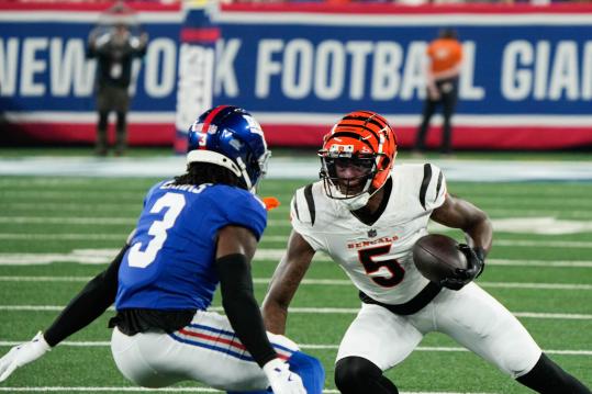 Bengals Tee Higgins (5) faces off against the Giants defense during their game against the Giants at MetLife Stadium on Sunday October 13, 2024. Bengals lead the game 7-0 at halftime.