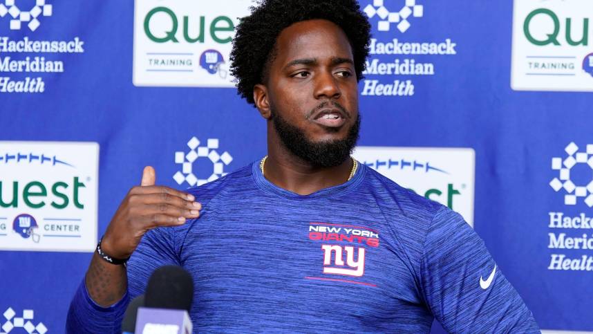 New York Giants assistant general manager Brandon Brown talks to reporters after the first day of mandatory minicamp at the Giants training center in East Rutherford on Tuesday, June 13, 2023.