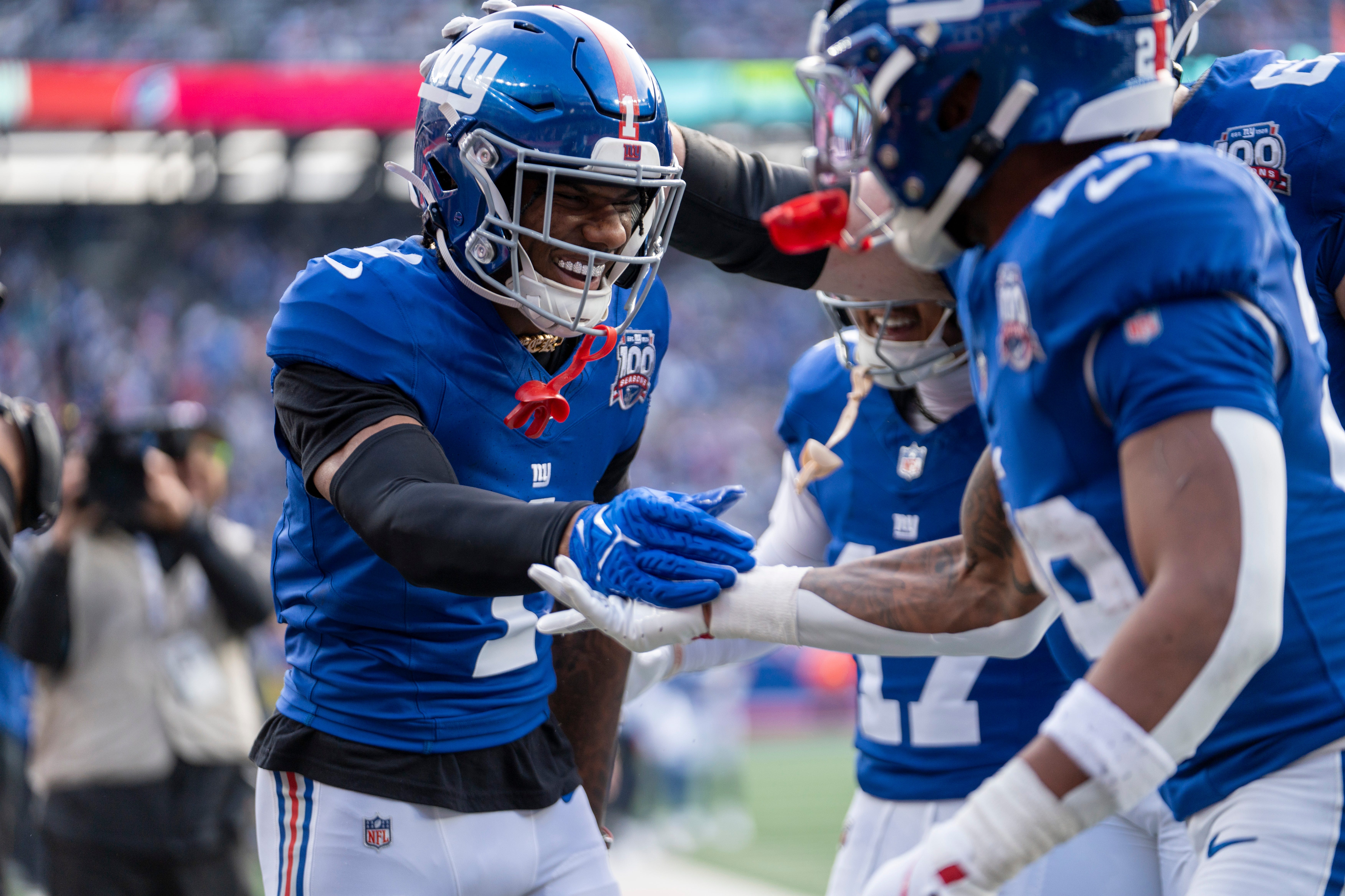 New York Giants wide receiver Malik Nabers (1) celebrates with his teammates after scoring a touchdown during a game between New York Giants and Indianapolis Colts at MetLife Stadium on Sunday, Dec. 29, 2024.