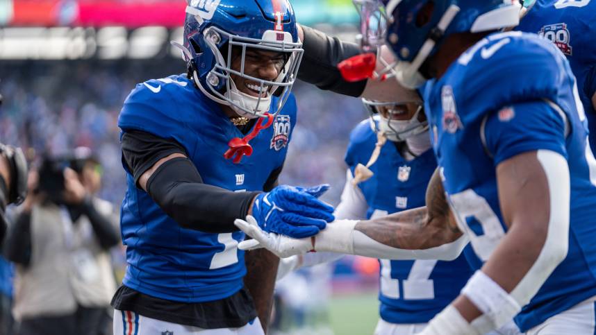 New York Giants wide receiver Malik Nabers (1) celebrates with his teammates after scoring a touchdown during a game between New York Giants and Indianapolis Colts at MetLife Stadium on Sunday, Dec. 29, 2024.