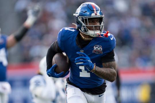 New York Giants wide receiver Malik Nabers (1) runs into the end zone for a touchdown in there second quarter during a game between New York Giants and Indianapolis Colts at MetLife Stadium on Sunday, Dec. 29, 2024.