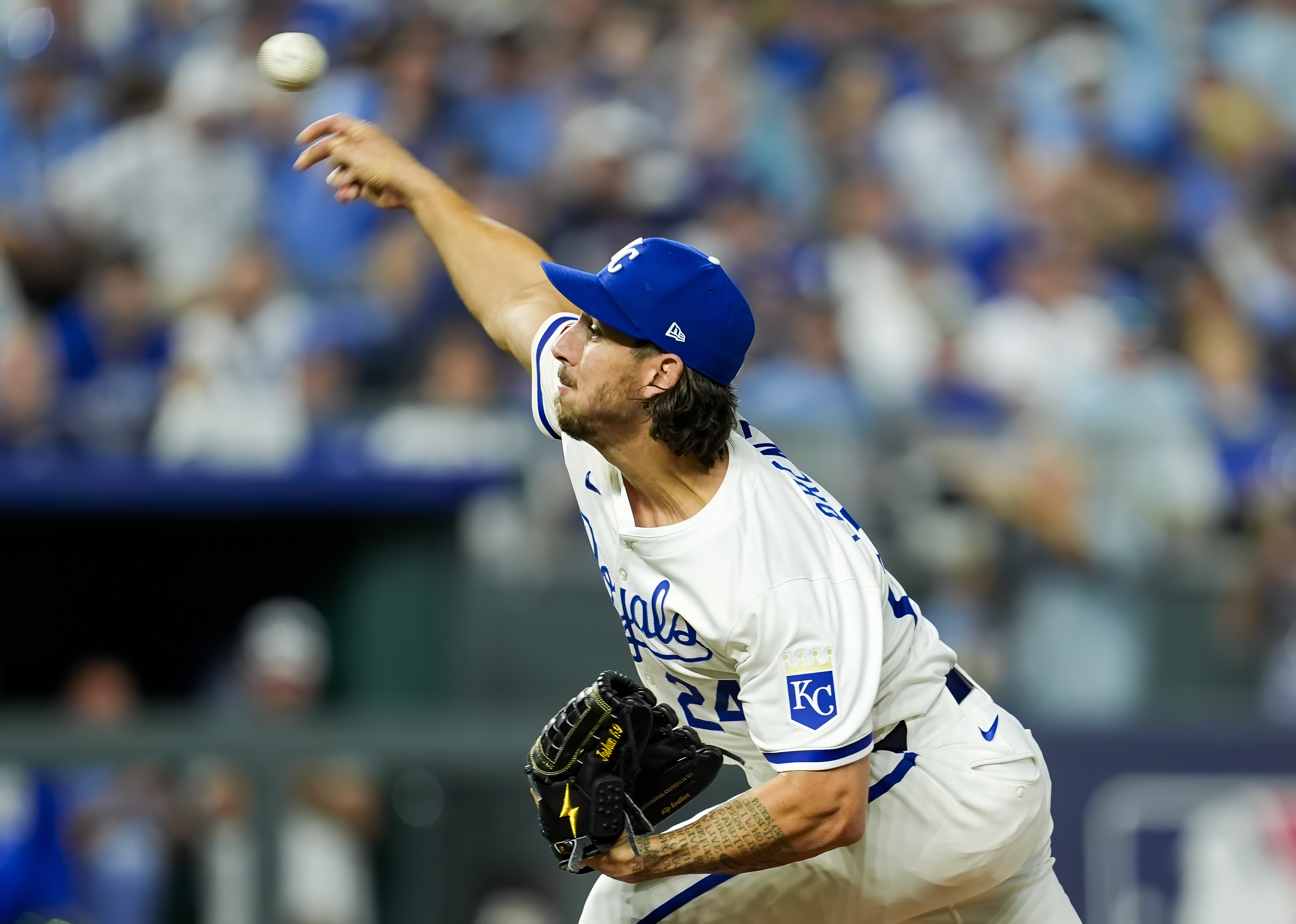 Oct 9, 2024; Kansas City, Missouri, USA; Kansas City Royals pitcher Michael Lorenzen (24) pitches during the ninth inning against the New York Yankees in game three of the ALDS for the 2024 MLB Playoffs at Kauffman Stadium. Mandatory Credit: Jay Biggerstaff-Imagn Images