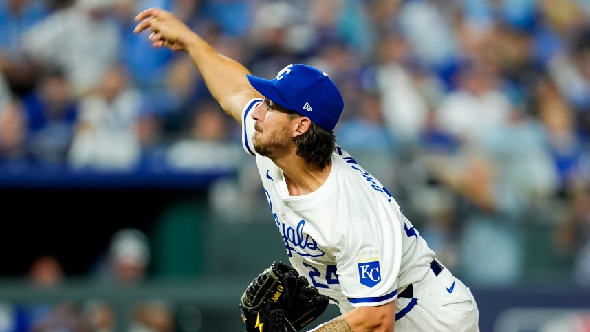 Oct 9, 2024; Kansas City, Missouri, USA; Kansas City Royals pitcher Michael Lorenzen (24) pitches during the ninth inning against the New York Yankees in game three of the ALDS for the 2024 MLB Playoffs at Kauffman Stadium. Mandatory Credit: Jay Biggerstaff-Imagn Images