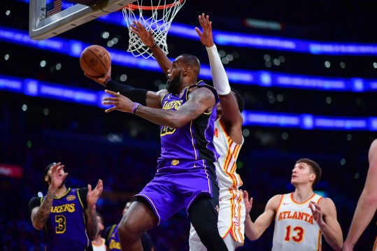 Jan 3, 2025; Los Angeles, California, USA; Los Angeles Lakers forward LeBron James (23) moves to the basket to score against the Atlanta Hawks during the second half at Crypto.com Arena. Mandatory Credit: Gary A. Vasquez-Imagn Images