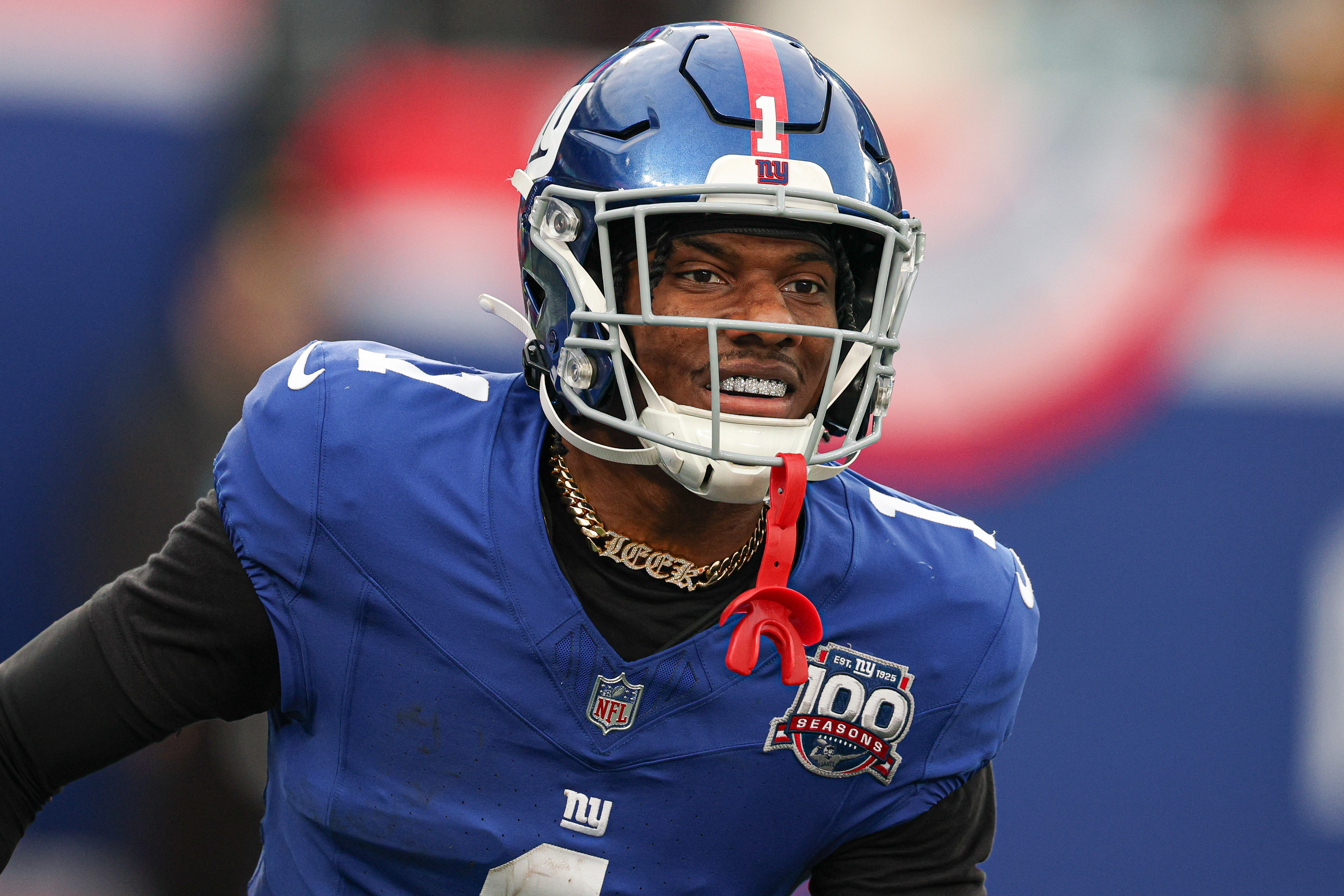 Dec 29, 2024; East Rutherford, New Jersey, USA; New York Giants wide receiver Malik Nabers (1) celebrates after a touchdown reception during the second half against the Indianapolis Colts at MetLife Stadium. Mandatory Credit: Vincent Carchietta-Imagn Images