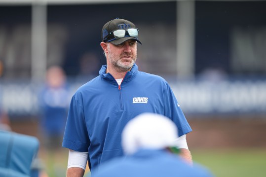 Jul 24, 2024; East Rutherford, NJ, USA; New York Giants defensive coordinator Shane Bowen looks on during training camp at Quest Diagnostics Training Facility. Mandatory Credit: Vincent Carchietta-Imagn Images