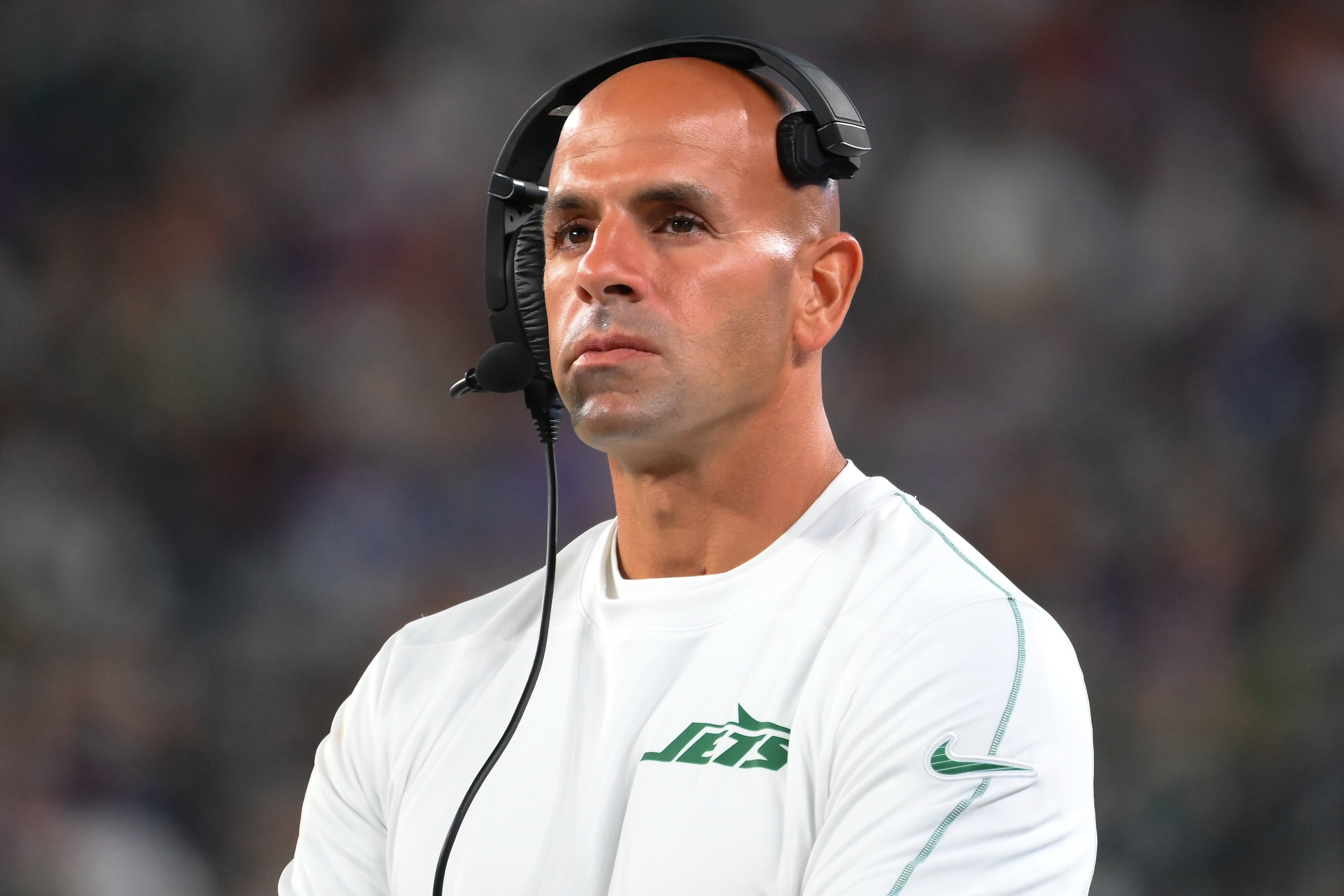 Aug 24, 2024; East Rutherford, New Jersey, USA; New York Jets head coach Robert Saleh looks on against the New York Giants during the first half at MetLife Stadium. Mandatory Credit: Rich Barnes-Imagn Images