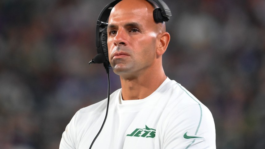 Aug 24, 2024; East Rutherford, New Jersey, USA; New York Jets head coach Robert Saleh looks on against the New York Giants during the first half at MetLife Stadium. Mandatory Credit: Rich Barnes-Imagn Images