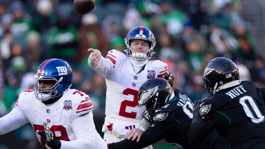 Jan 5, 2025; Philadelphia, Pennsylvania, USA; New York Giants quarterback Drew Lock (2) passes the ball against the Philadelphia Eagles fourth quarter at Lincoln Financial Field. Mandatory Credit: Bill Streicher-Imagn Images