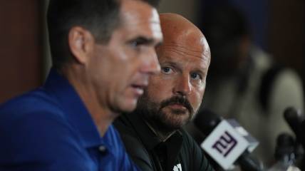 East Rutherford, NJ -- July 24, 2024 -- General manager, Joe Schoen and head coach Brian Daboll prior to the first day of training camp for the 2024 New York Giants.