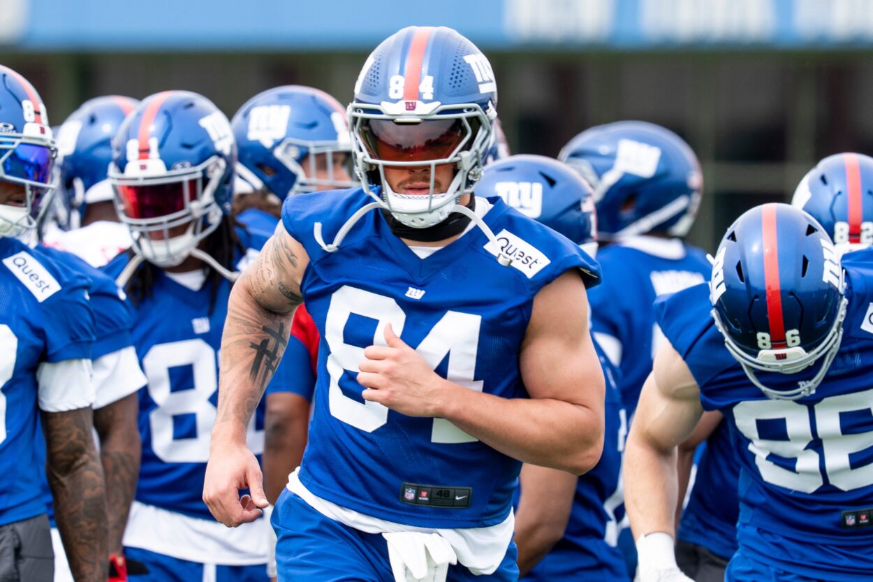 Theo Johnson with the NY Giants, runs drills during a practice at Quest Diagnostics Training Center, East Rutherford, NJ, May 28, 2025.