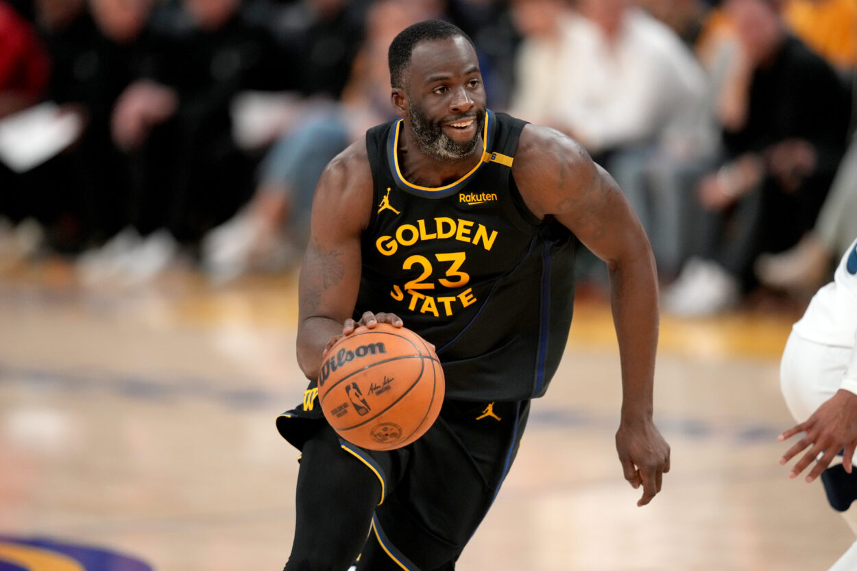 May 12, 2025; San Francisco, California, USA; Golden State Warriors forward Draymond Green (23) dribbles the ball against the Minnesota Timberwolves in the fourth quarter during game four of the second round for the 2025 NBA Playoffs at Chase Center. Mandatory Credit: Cary Edmondson-Imagn Images