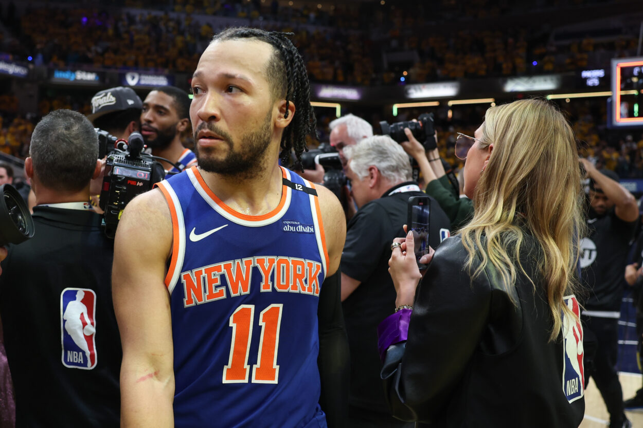 May 31, 2025; Indianapolis, Indiana, USA; New York Knicks guard Jalen Brunson (11) reacts after game six of the eastern conference finals against the Indiana Pacers for the 2025 NBA Playoffs at Gainbridge Fieldhouse. Mandatory Credit: Trevor Ruszkowski-Imagn Images