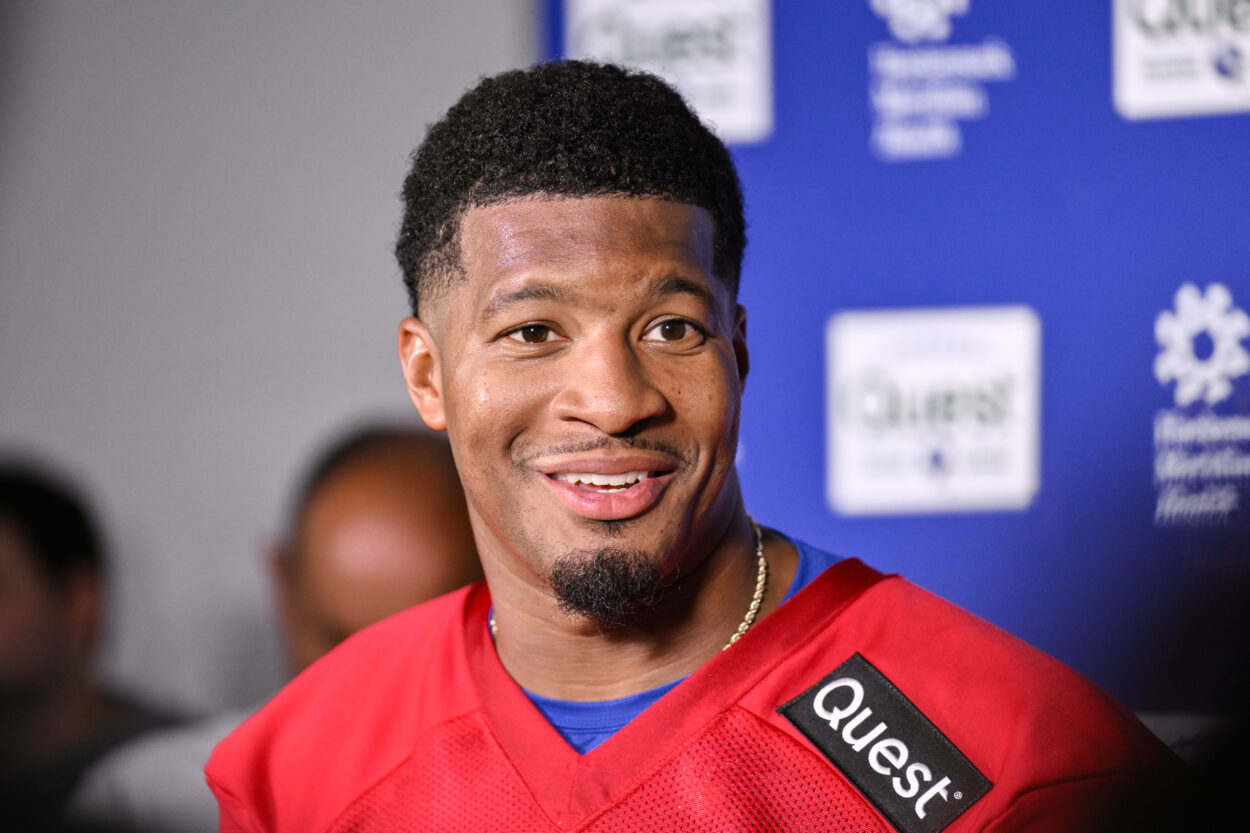 Jun 17, 2025; East Rutherford, NJ, USA; New York Giants quarterback Jameis Winston (19) speaks at a press conference during minicamp at Quest Diagnostics Training Center. Mandatory Credit: John Jones-Imagn Images