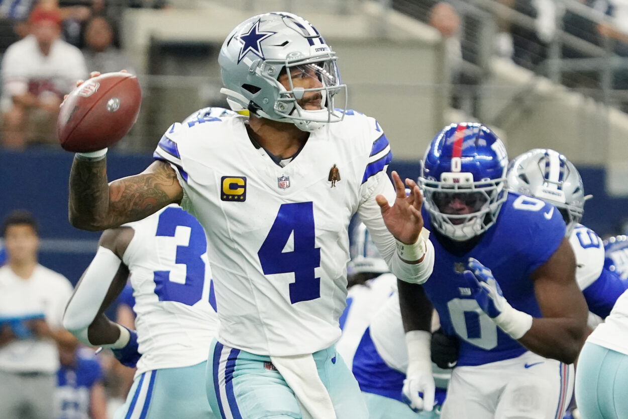 Brian Burns, Dak Prescott, NFL: New York Giants at Dallas Cowboys