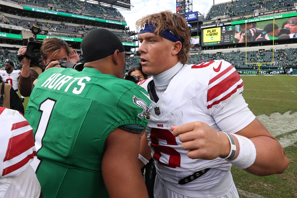 jaxson dart, Jalen Hurts, NFL: New York Giants at Philadelphia Eagles