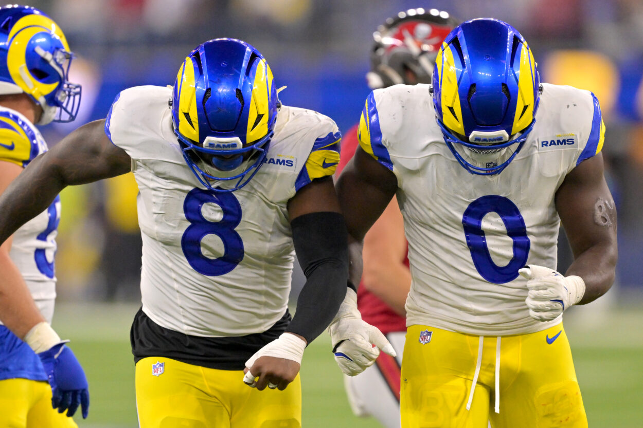 Jared Verse (8) and linebacker Byron Young (0) celebrate, giants,NFL: Tampa Bay Buccaneers at Los Angeles Rams